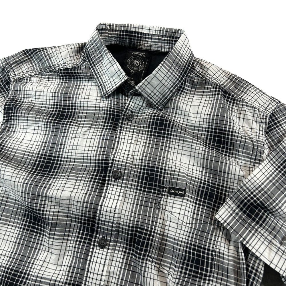 Diesel Button Up Shirt Mens Small Black White Plaid Short Sleeve Cotton Logo